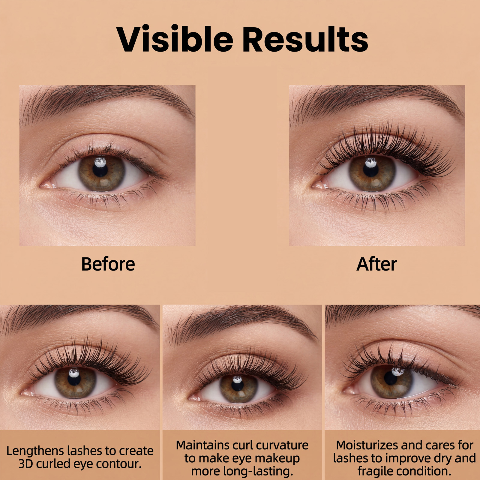 (Light Brown) Curling Stereoscopic Mascara Longlasting Natural Modify Eyelash Curve Delicate Smooth AntiSmudge Fine Soft Gentle Daily Cosmetic