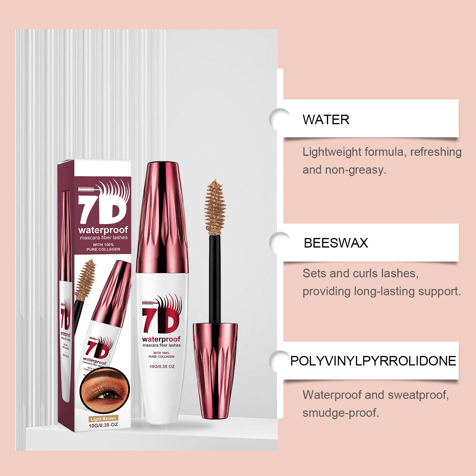 (Light Brown) Curling Stereoscopic Mascara Longlasting Natural Modify Eyelash Curve Delicate Smooth AntiSmudge Fine Soft Gentle Daily Cosmetic
