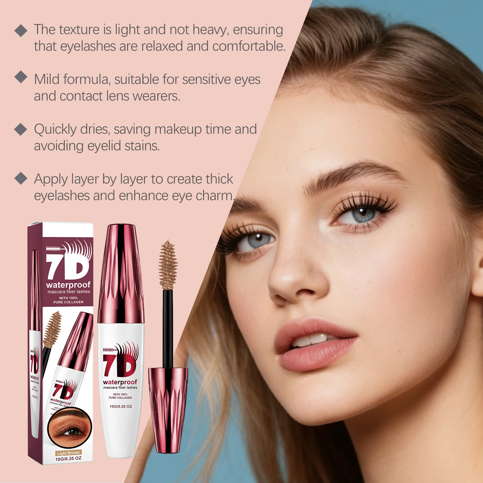 (Light Brown) Curling Stereoscopic Mascara Longlasting Natural Modify Eyelash Curve Delicate Smooth AntiSmudge Fine Soft Gentle Daily Cosmetic