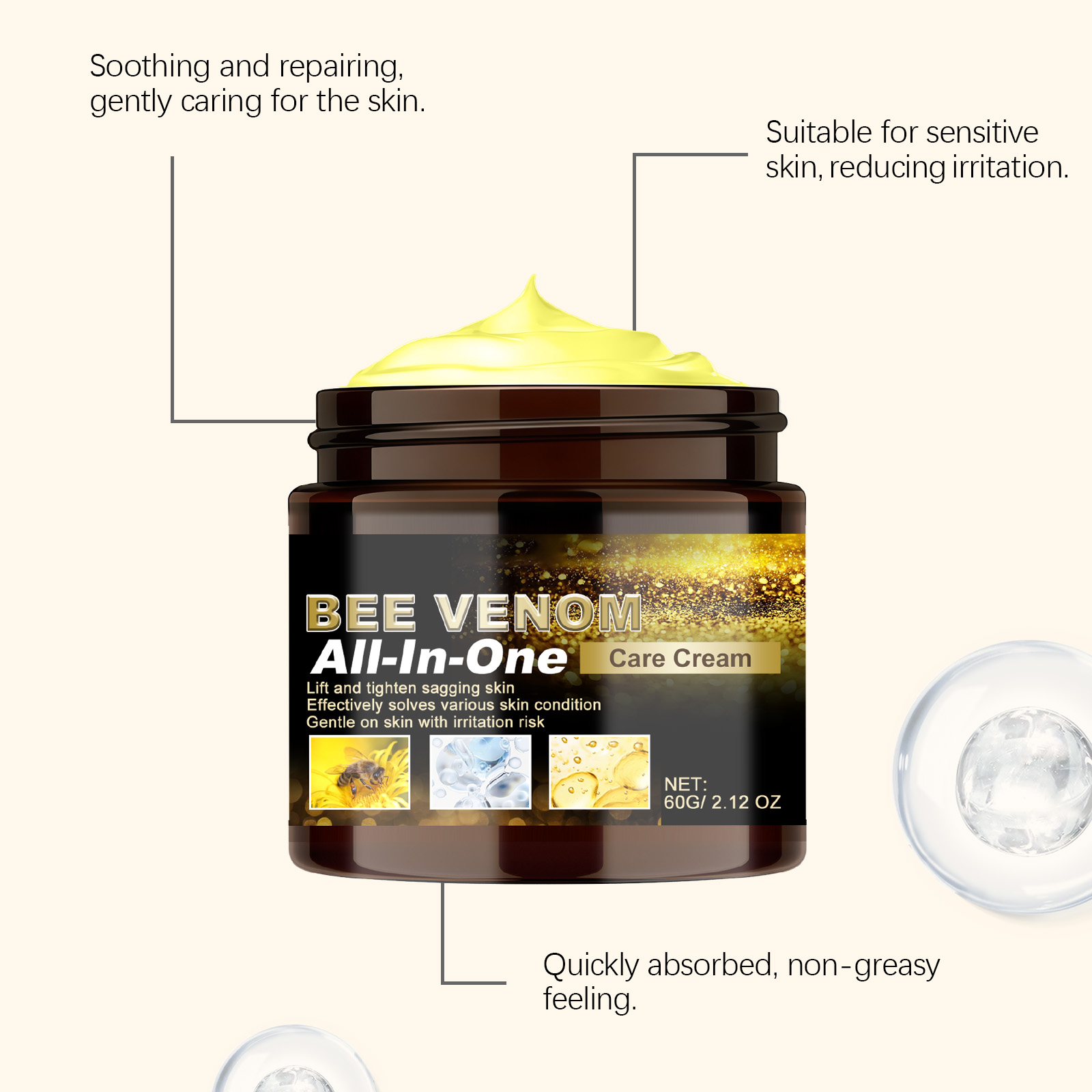 Bee Venom Multi-effect Care Cream Mild Comfort Tender Body Skin Refreshing Non-sticky Moisturizing Delicate Skin