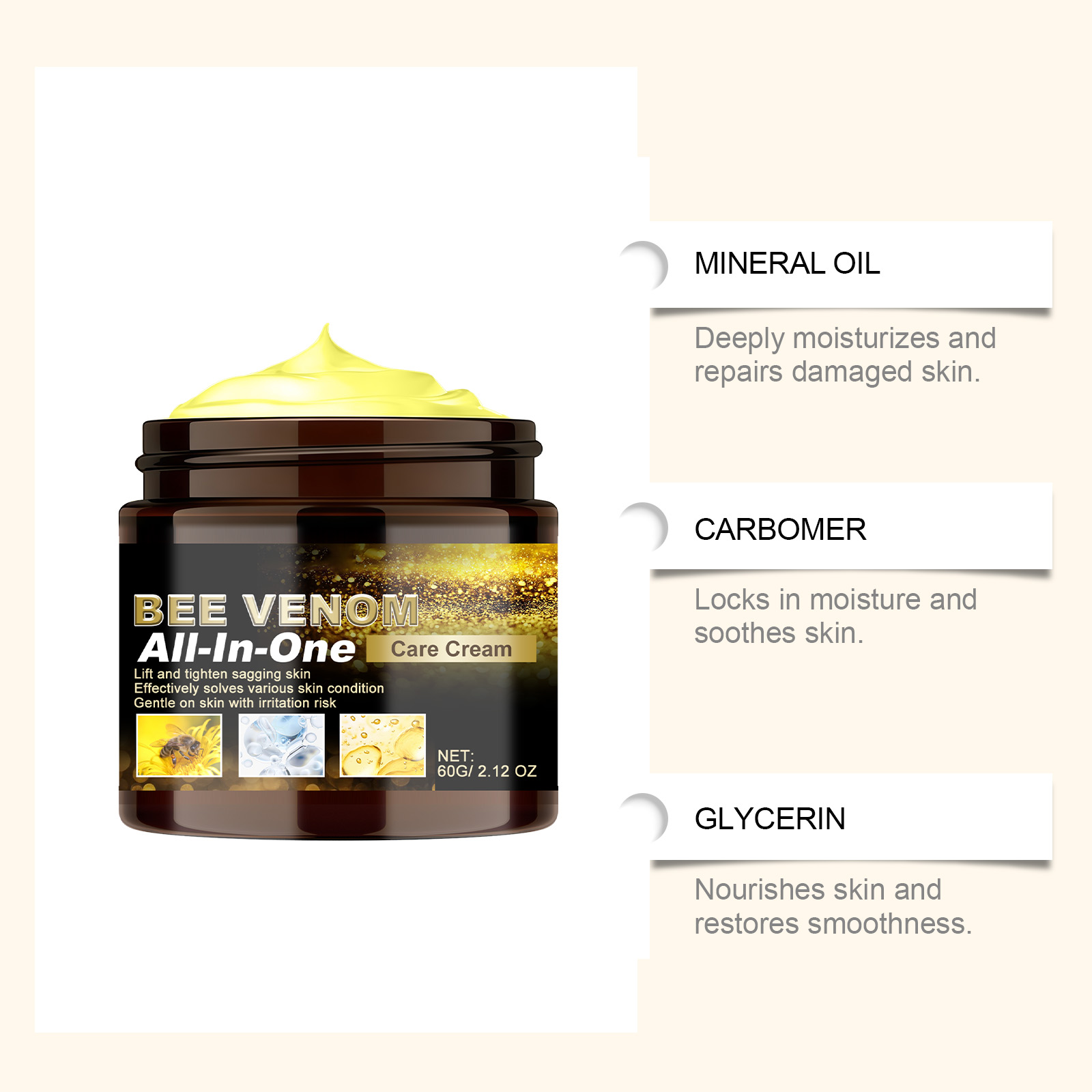 Bee Venom Multi-effect Care Cream Mild Comfort Tender Body Skin Refreshing Non-sticky Moisturizing Delicate Skin