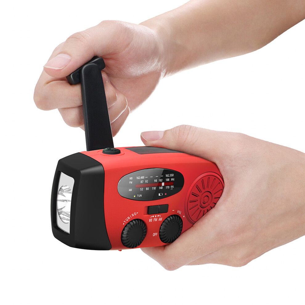 (Red) AM FM WB Emergency Solar Hand Crank Portable Radio With Dynamo And Flashlight
