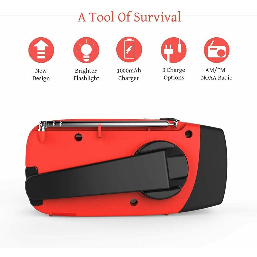 (Red) AM FM WB Emergency Solar Hand Crank Portable Radio With Dynamo And Flashlight