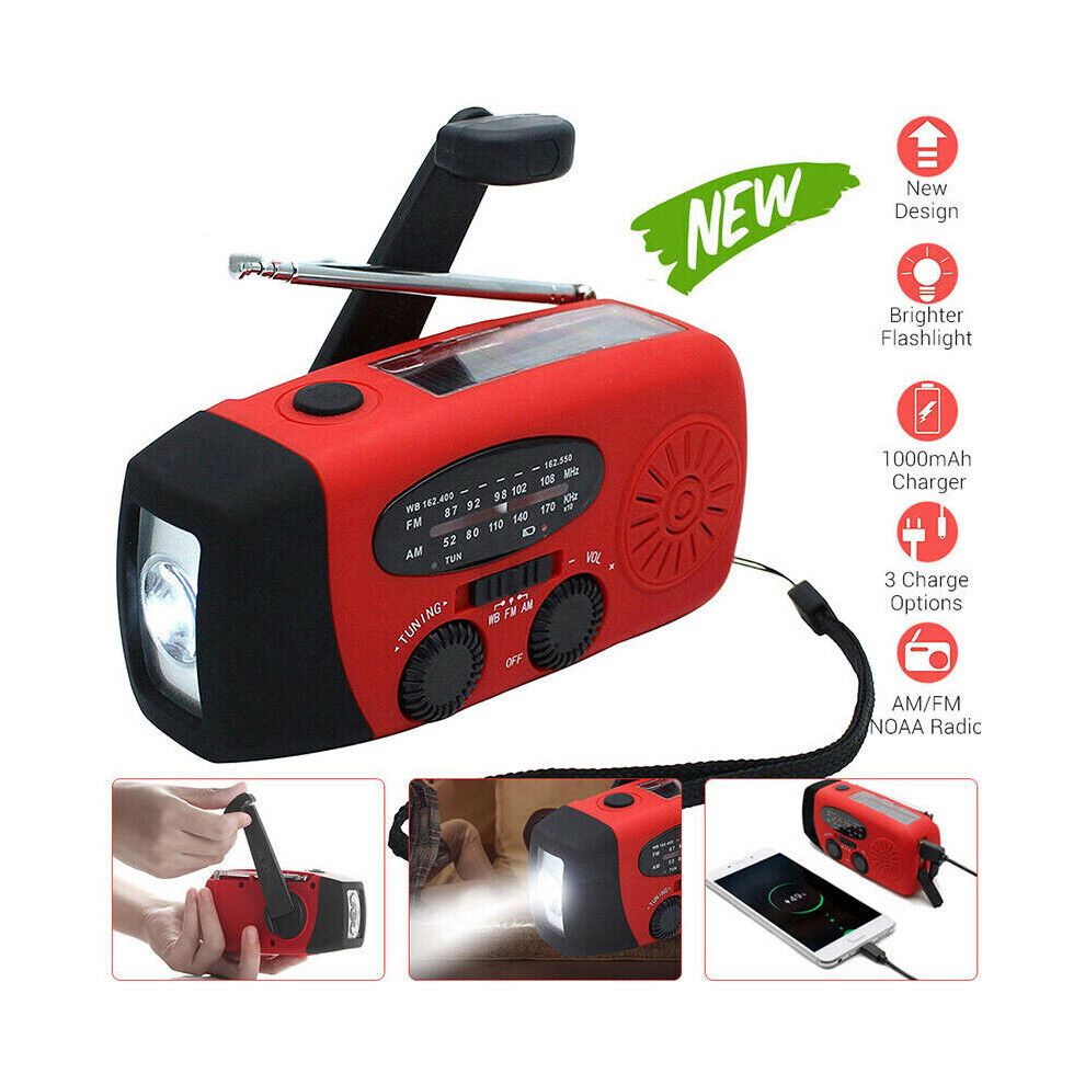 (Red) AM FM WB Emergency Solar Hand Crank Portable Radio With Dynamo And Flashlight