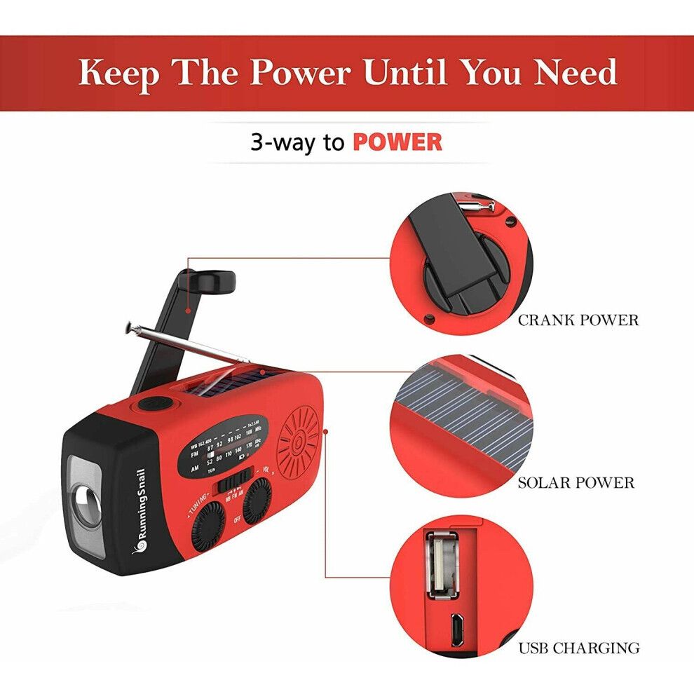 (Red) AM FM WB Emergency Solar Hand Crank Portable Radio With Dynamo And Flashlight