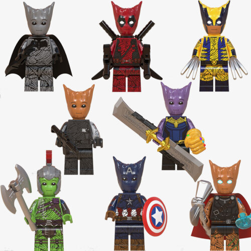 Minifigures Toy Set Marvel Superhero Series Assembled Building Blocks Kit 8PCS Pack Includes Groot Deadpool Batman Hulk Action Figures Bricks Fit Lego Ideal for Christmas Stocking Collection and Display Toy for Kids Adult