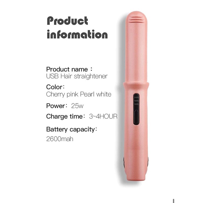 Portable Cordless USB Hair Straighteners Travel Mini USB Rechargeable Wireless Flat Iron Pink
