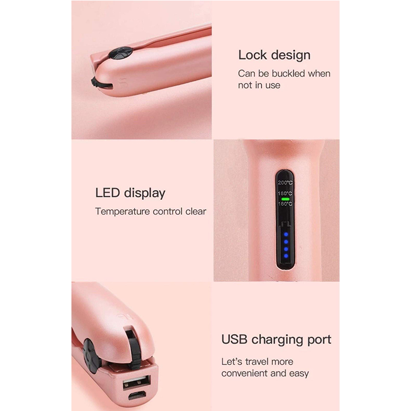 Portable Cordless USB Hair Straighteners Travel Mini USB Rechargeable Wireless Flat Iron Pink