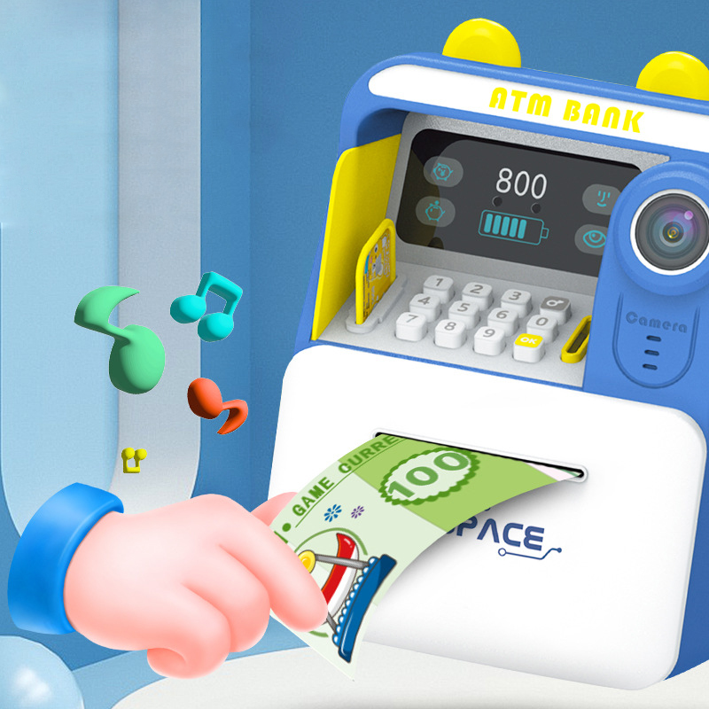 (Blue) ATM Machine Saving Box with Face Recognition Unlocking and Password Lock Coin Bank Toy Gifts for Boys Girls