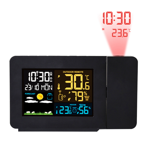 Projection Alarm Clock with Outdoor Sensor Personal Weather Station for Bedroom Projector Dimmable Clock Dual Alarms LCD Display Date Time Temperature Humidity