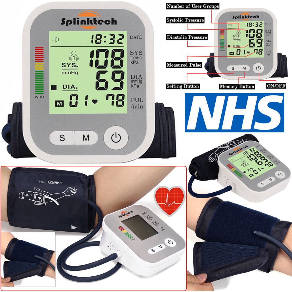 Digital Automatic Blood Pressure Monitor Upper Arm BP Machine Silver