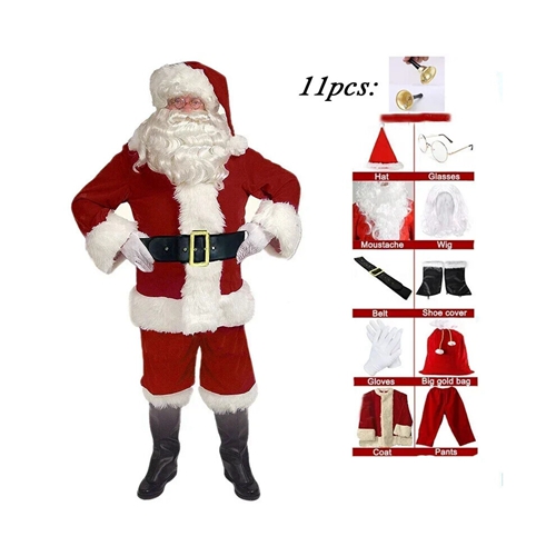 11Pieces Santa Claus Suit Mens Costume Father Christmas Fancy Dress Adults Costume Xmas Outfits Cosplay Party Clothes Set for Men Women