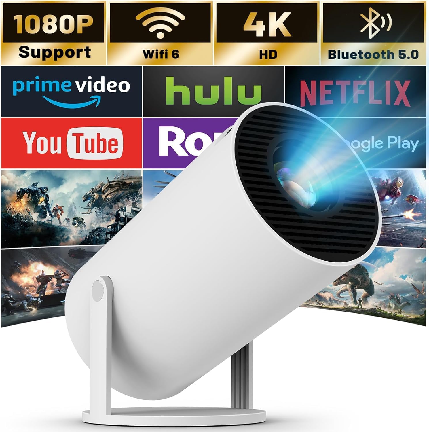 (White) Mini Projector with WIFI and Bluetooth, 4K 1080P Support Portable Projector Rotatable 130 Inch Screen Movie Projector Auto Keystone Compatible for Laptop PC Smartphone