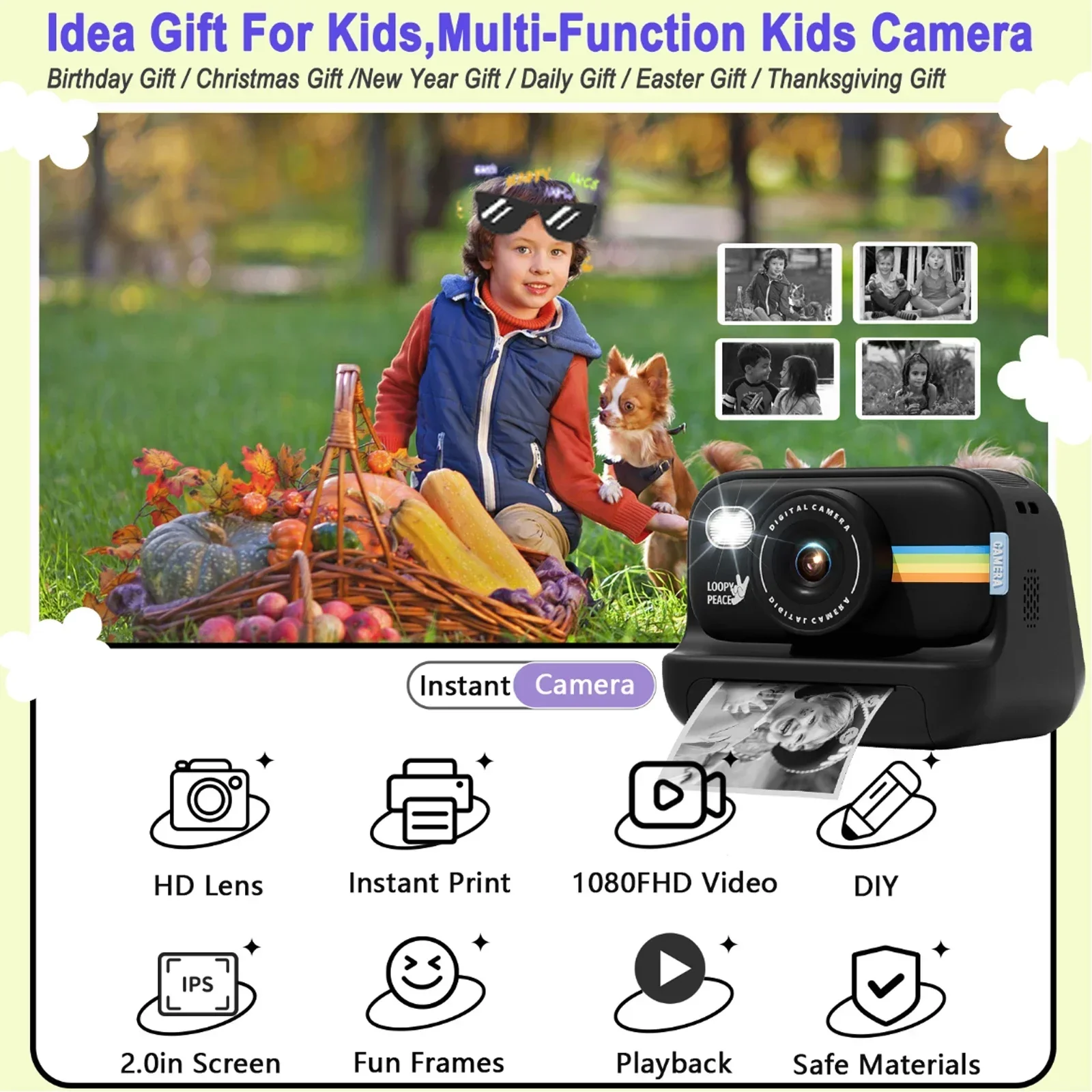Kids Instant Print Camera 2.0 Inch Children Christmas Birthday Gifts Black