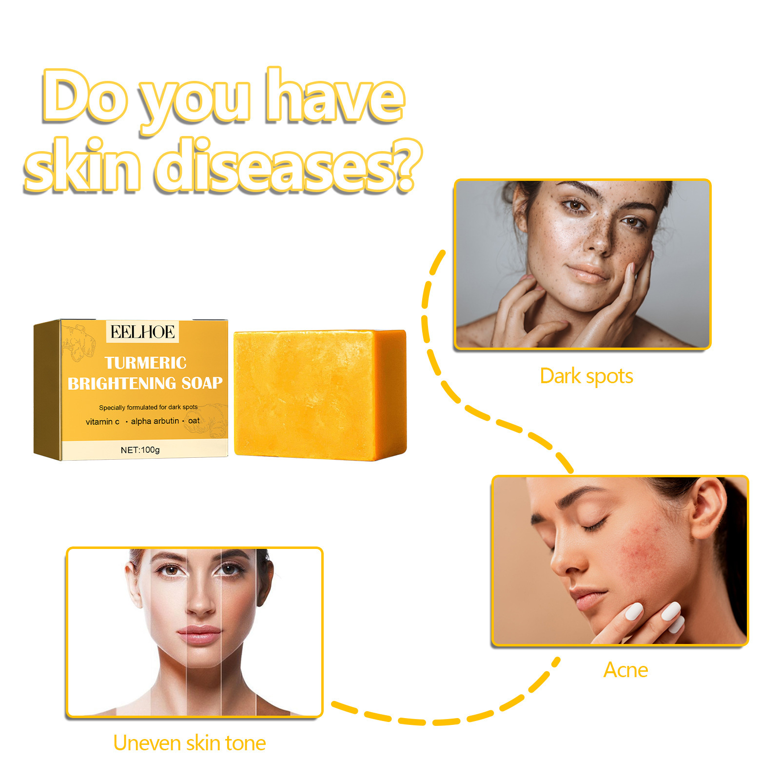 (1 PC) Turmeric Bar Soap Oil Control Vitamin C Face Skin Cleaning Pores Shrink Nourish Brightening Face Lightening Soap Brightens Skin Moisturizes