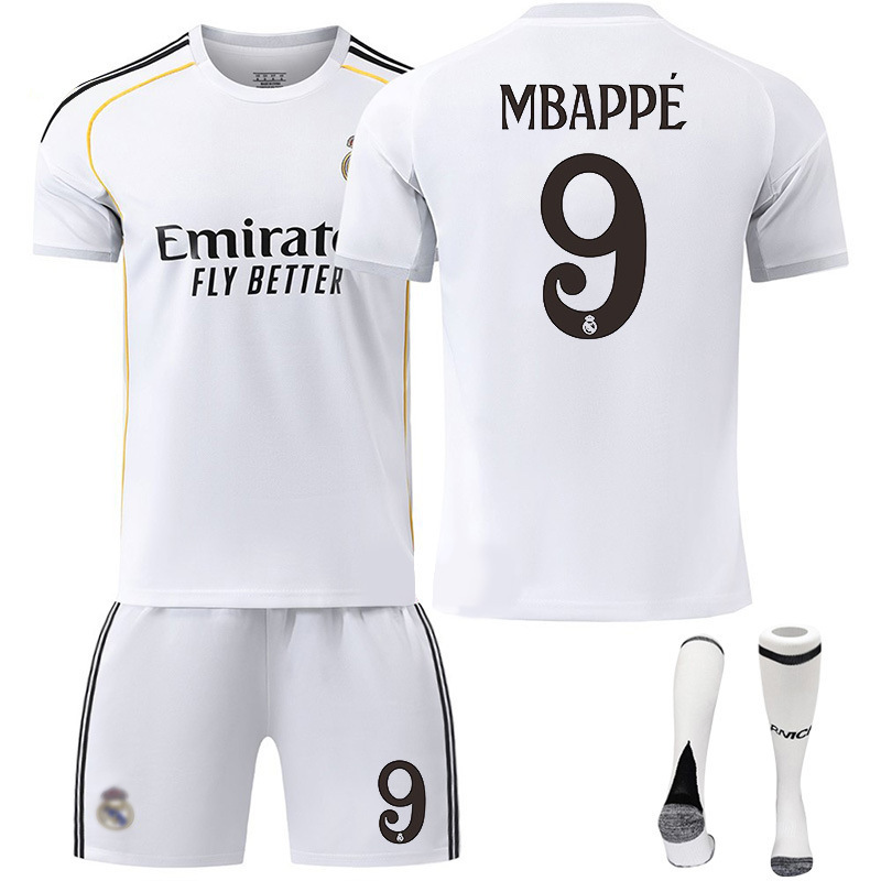 (2~3 Years) 2526 Real Madrid Home No 9 Mbappe Kids Football Jersey Football Suit Soccer Jersey Shorts Set Football Kits Fans Gifts