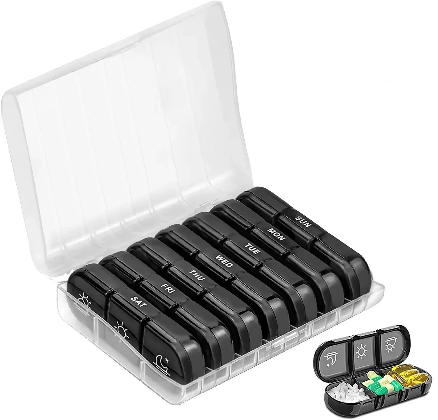 (Black) Pill Box 7 Days Weekly Pill Organizer Case 21 grids 3 Times One Day Portable Travel Storage Box with Large Compartments for Vitamins Medicine Fish Oils