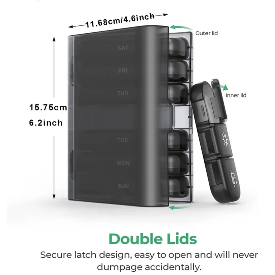 (Black) Pill Box 7 Days Weekly Pill Organizer Case 21 grids 3 Times One Day Portable Travel Storage Box with Large Compartments for Vitamins Medicine Fish Oils