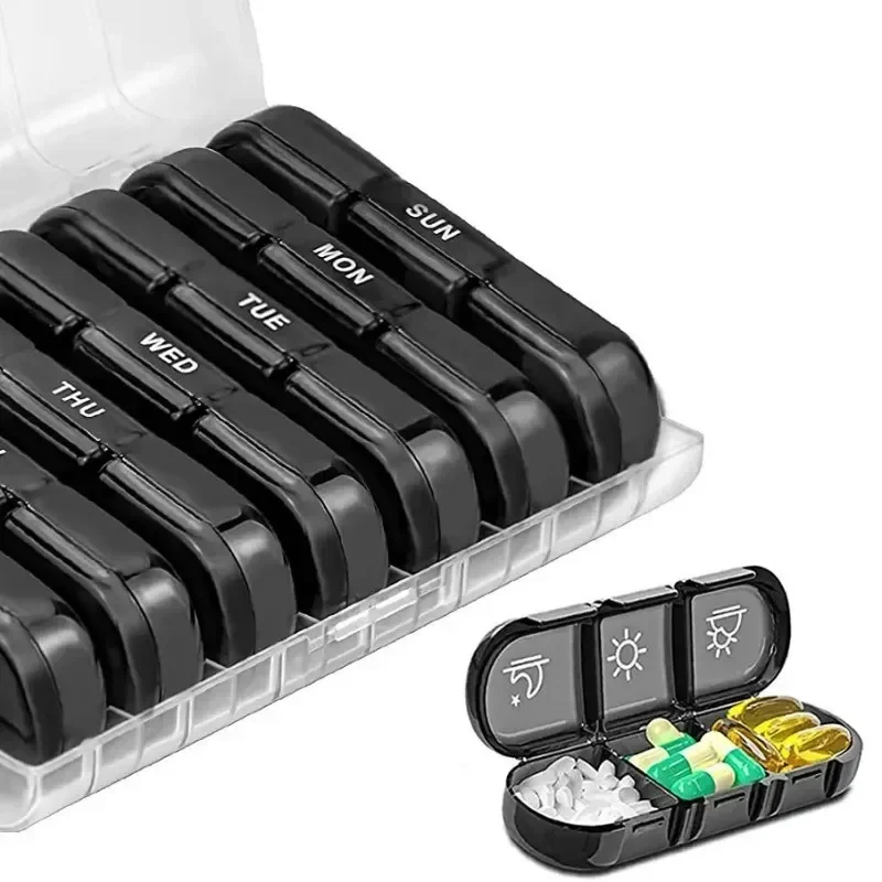 (Black) Pill Box 7 Days Weekly Pill Organizer Case 21 grids 3 Times One Day Portable Travel Storage Box with Large Compartments for Vitamins Medicine Fish Oils