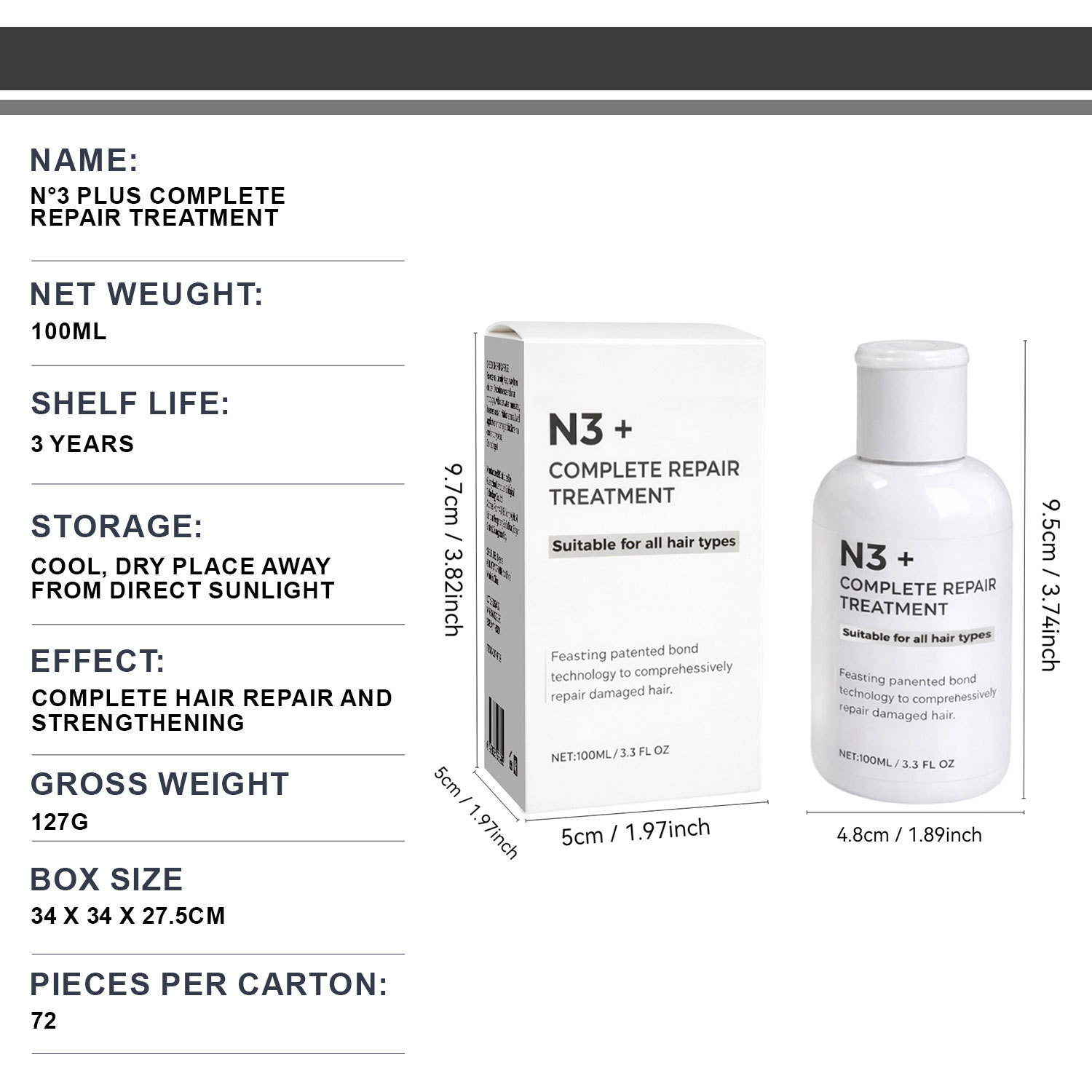 No 3 Plus Total Hair Repair Treatment Essence For Strengthening And Restoring Damaged Hair 100ml