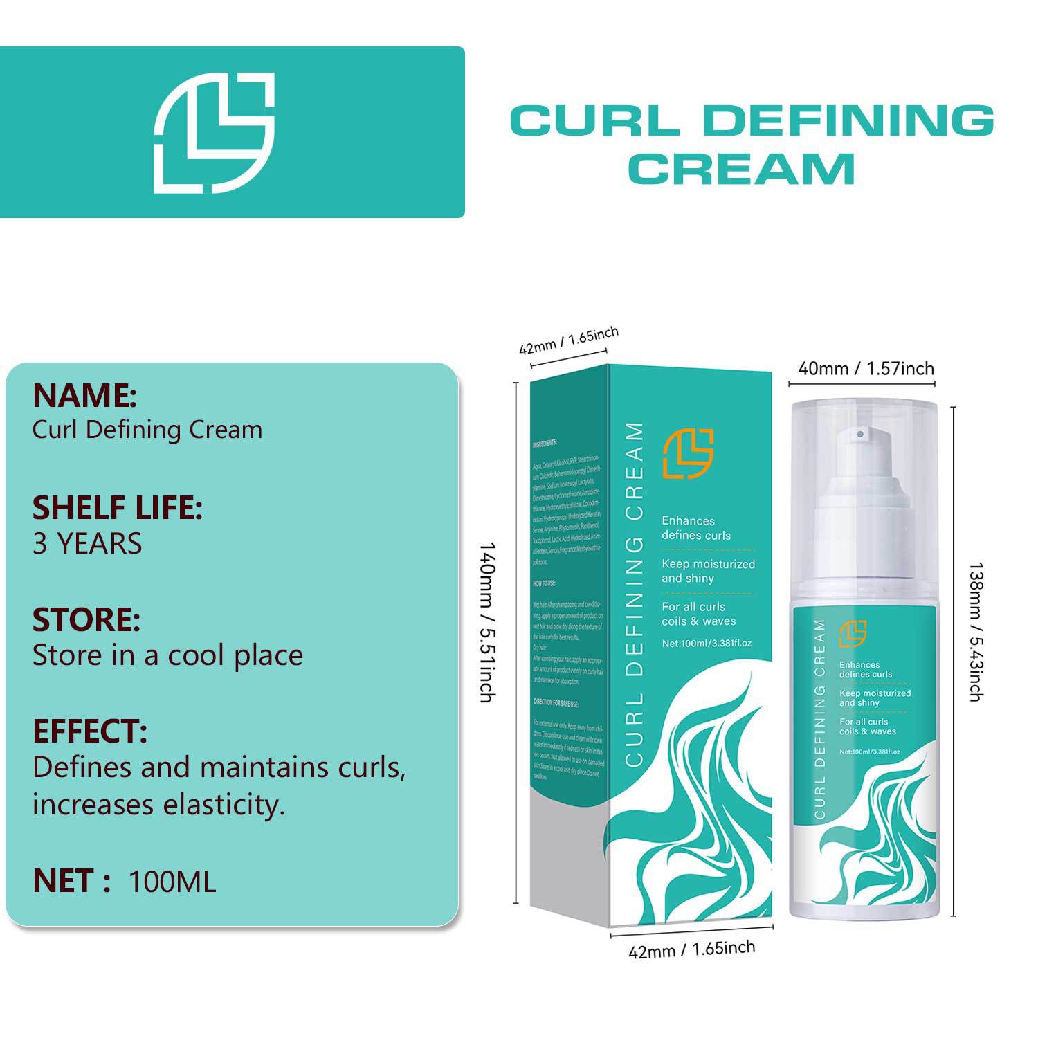 Curl Defining Cream Natural Bouncy Curls Frizz Control Moisturizing For Wavy Curly Hair Daily Styling Treatment 100ml