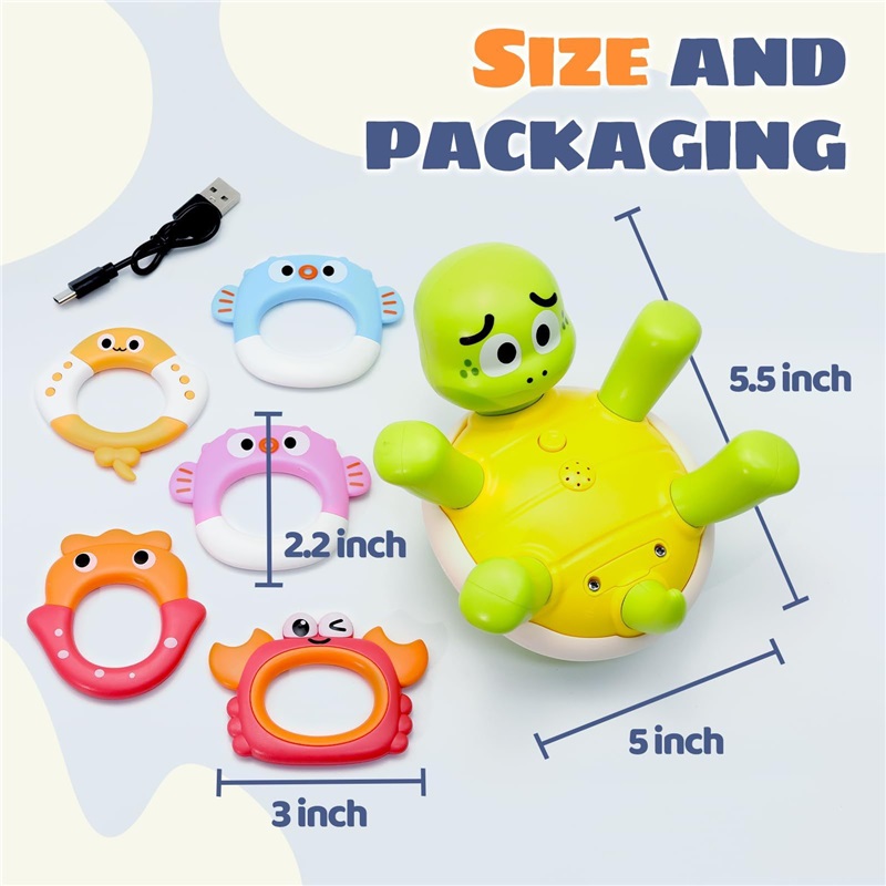 Baby Bath Toys Rechargeable Turtle Bath Toy Sprinkler for Kids Toddler with 5 Rings Bathtub Fountain Spray Toy Mold Gifts