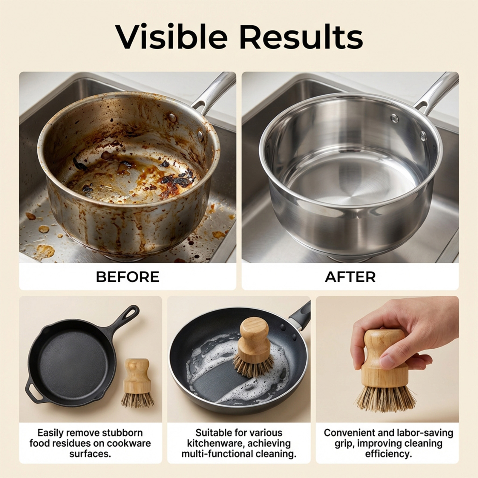 Short Handle Pot Brush Kitchen Cleaning Tool Easy To Operate For Pots Bowls Sinks Various Cookwares