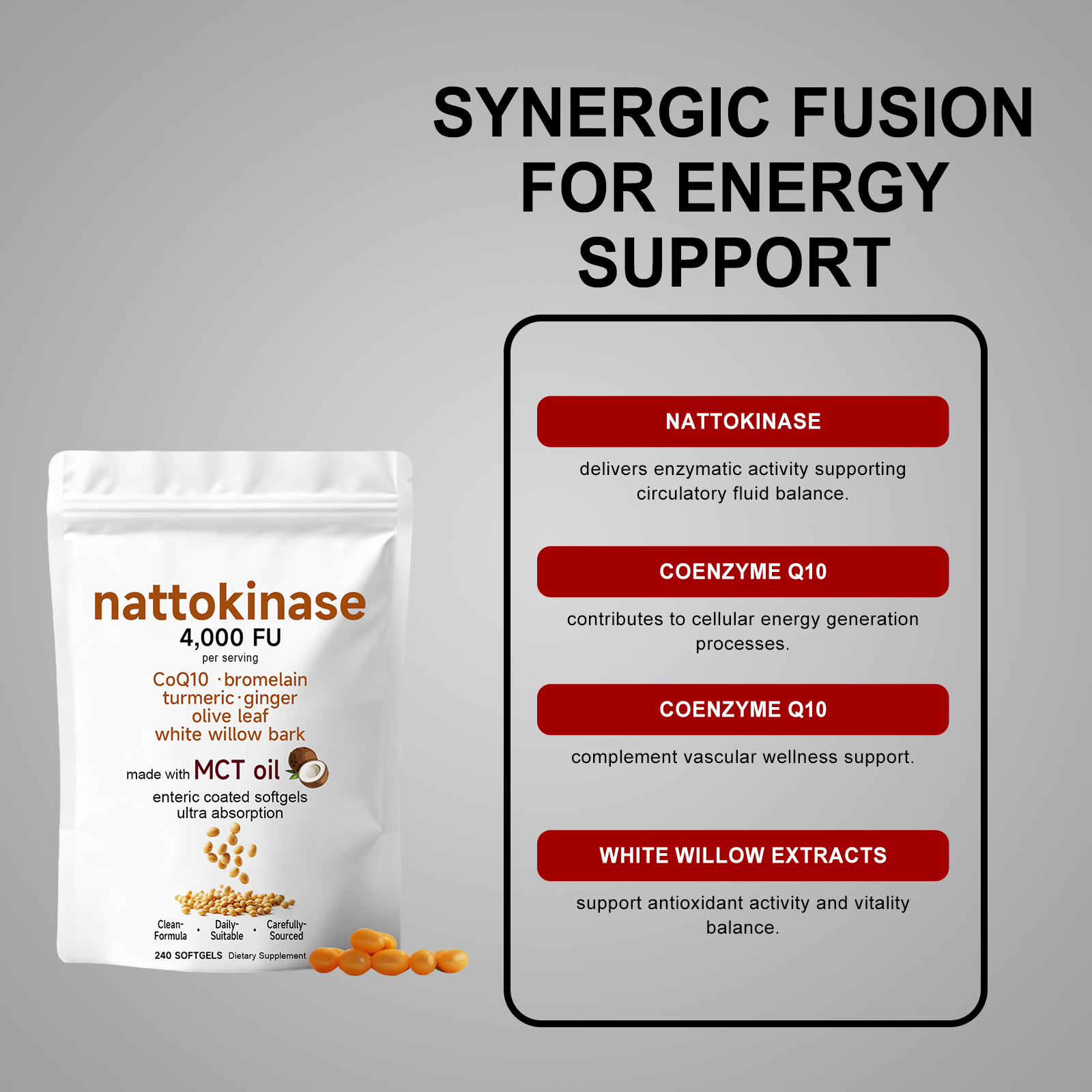 Nattokinase Soft Capsules Mild Formula Plant Fermented Extract Daily Dietary Nutritional Supplement Capsule