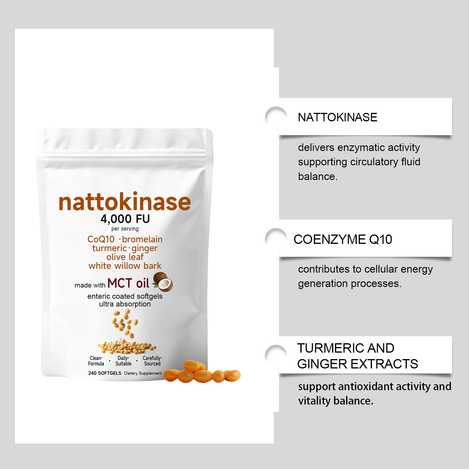 Nattokinase Soft Capsules Mild Formula Plant Fermented Extract Daily Dietary Nutritional Supplement Capsule