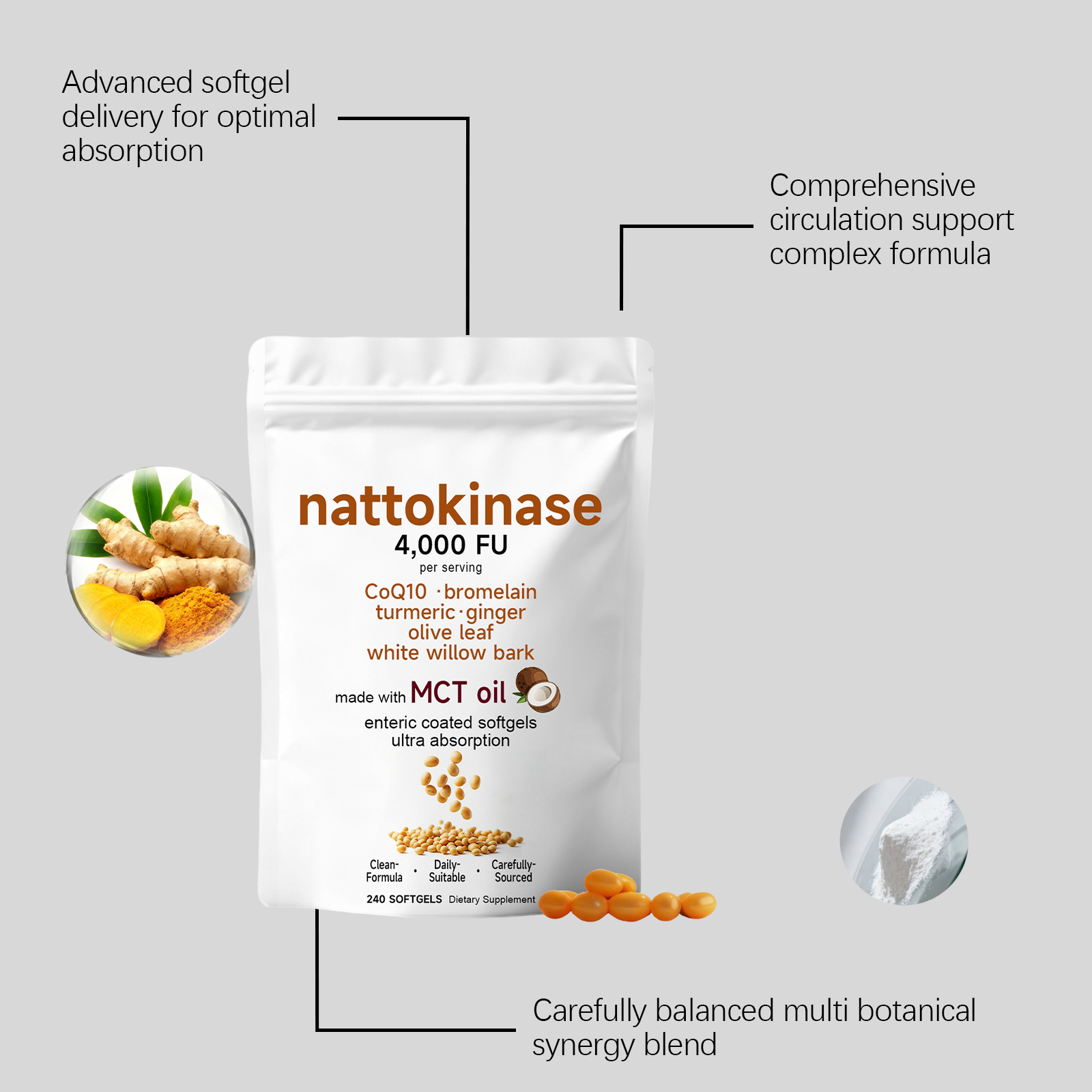 Nattokinase Soft Capsules Mild Formula Plant Fermented Extract Daily Dietary Nutritional Supplement Capsule