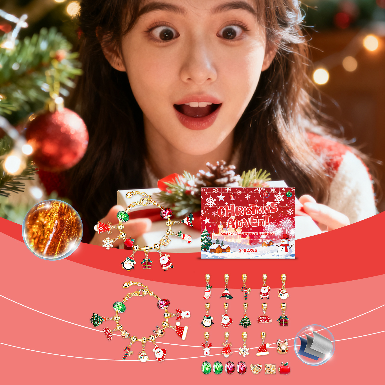 Dowmoo 24 Grid Christmas Advent Calendar Diy Bracelet Blind Box Christmas Festive Fun Creative Accessory