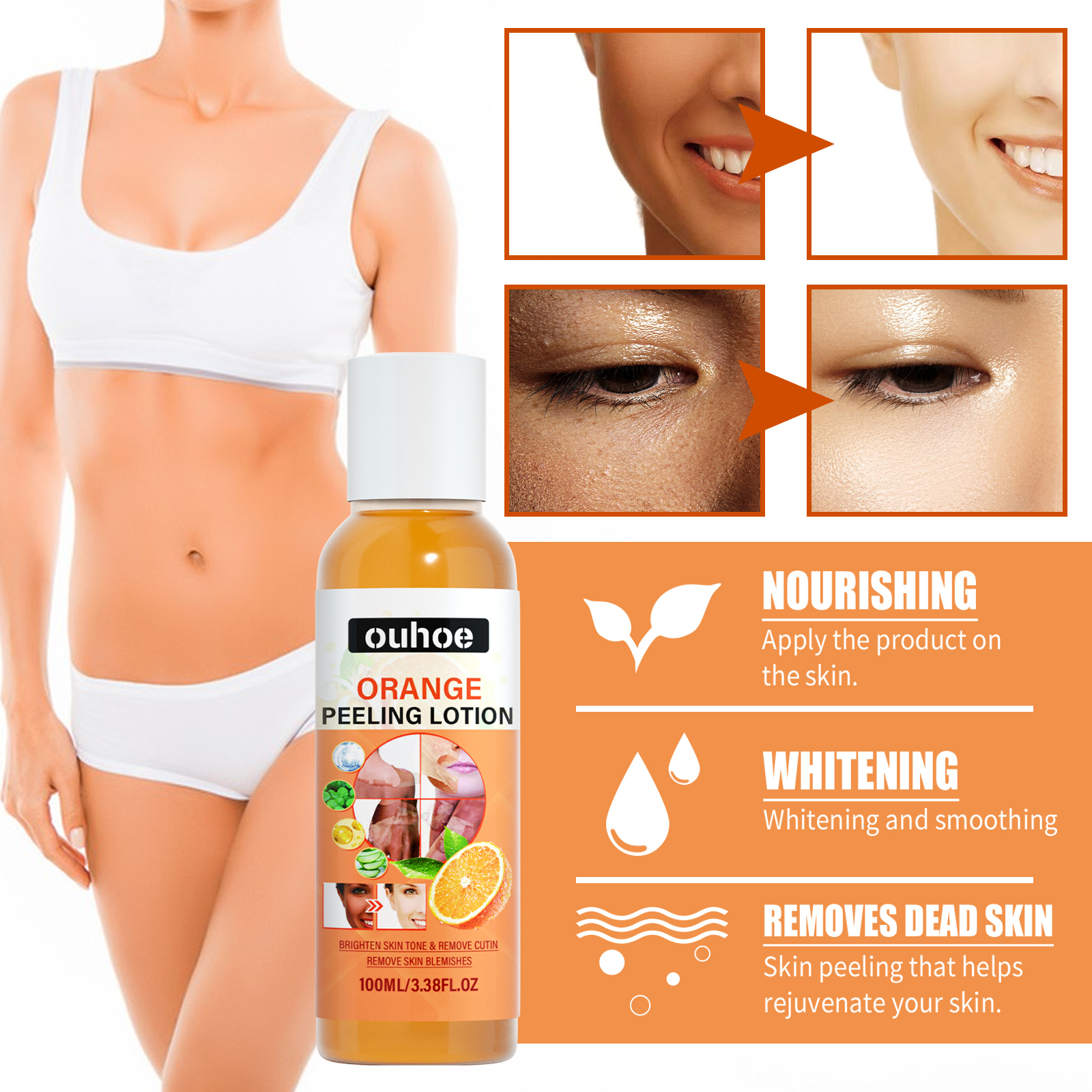 Orange Peel Body Lotion Vitamin C Hyaluronic Acid Centella For Exfoliating Dark Spot Fading And Skin Brightening Daily Care