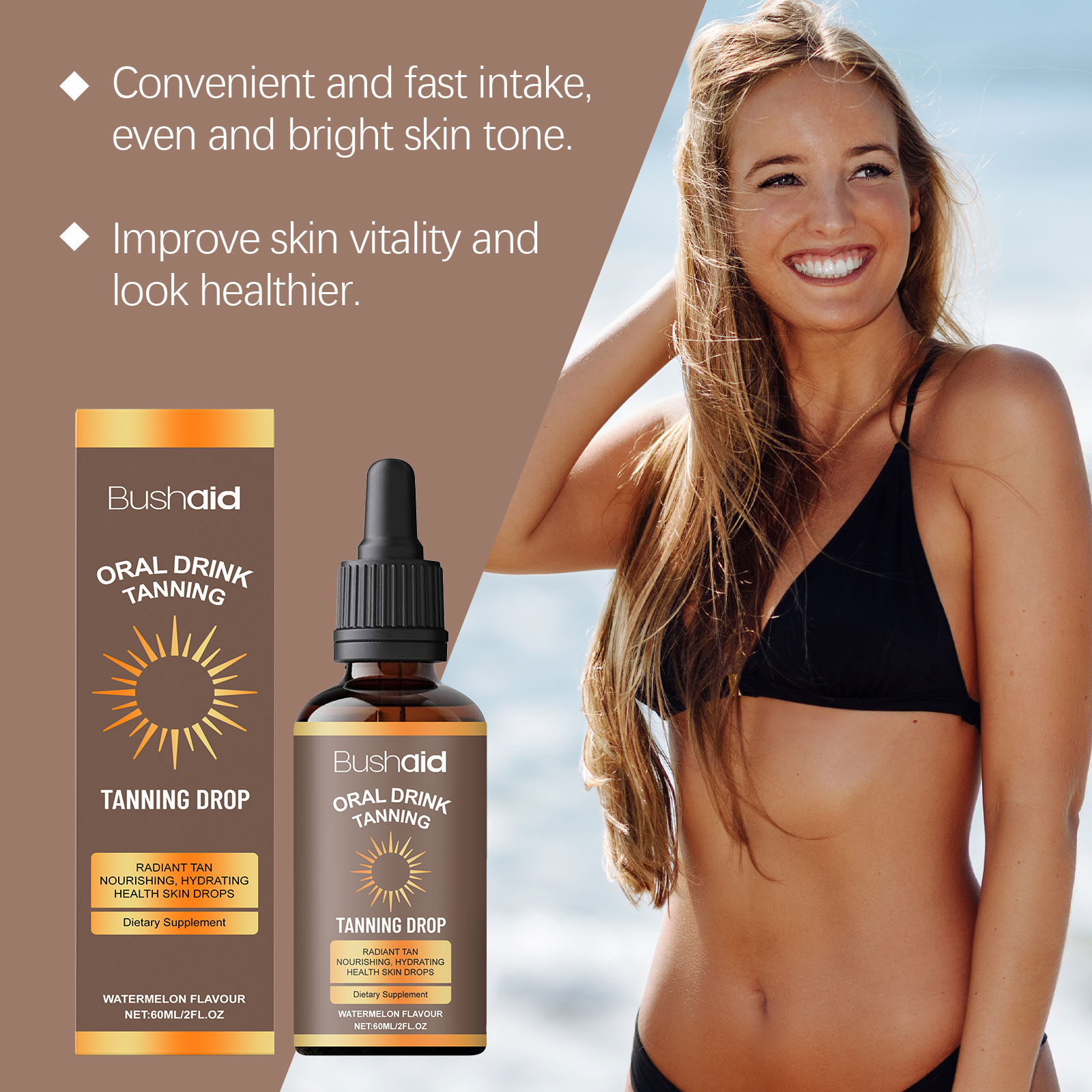 2PCS Drinkable Sunless Tanning Drops To Moisturizing Bronzing Tanner Effortless Effective Dark-Tan Drops For Face Body