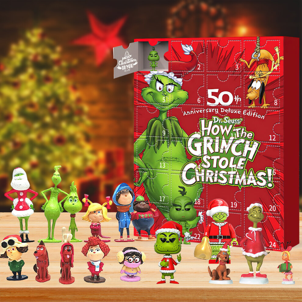Christmas Advent Calendar 2023 New Year 24 Days Countdown Advent Calendar Surprise Gift with Green Monster Grinch Cute Doll Toys Collectible Figures for Kids