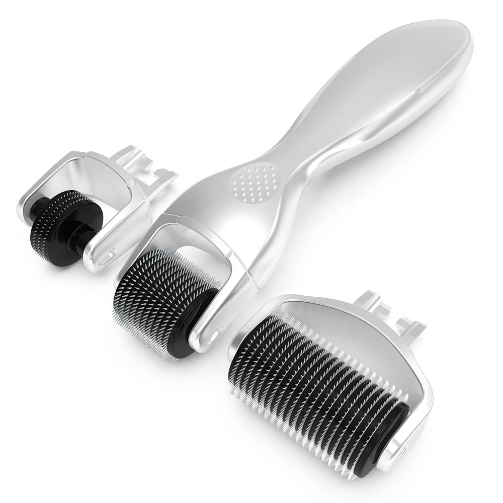 (Silver) Derma Roller DRS 3 In 1 Kit 180/600/1200 Titanium Needle Skin Care Microneedle Roller with 3 Replacement Heads Body Face Eye Therapy Stainless Steel Home Use Gold Silver 0.5mm 1.0mm 1.5mm