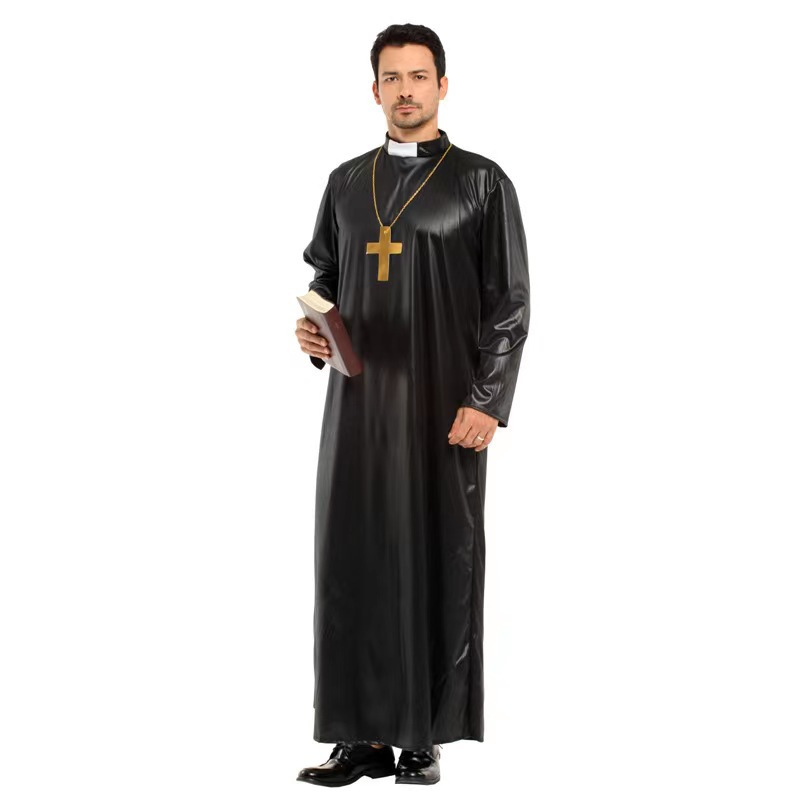 (165~175cm) Adult Mens Vicar Fancy Dress Halloween Costume Holy Priest Reverend Costume Stag Night Dress Up Outfit