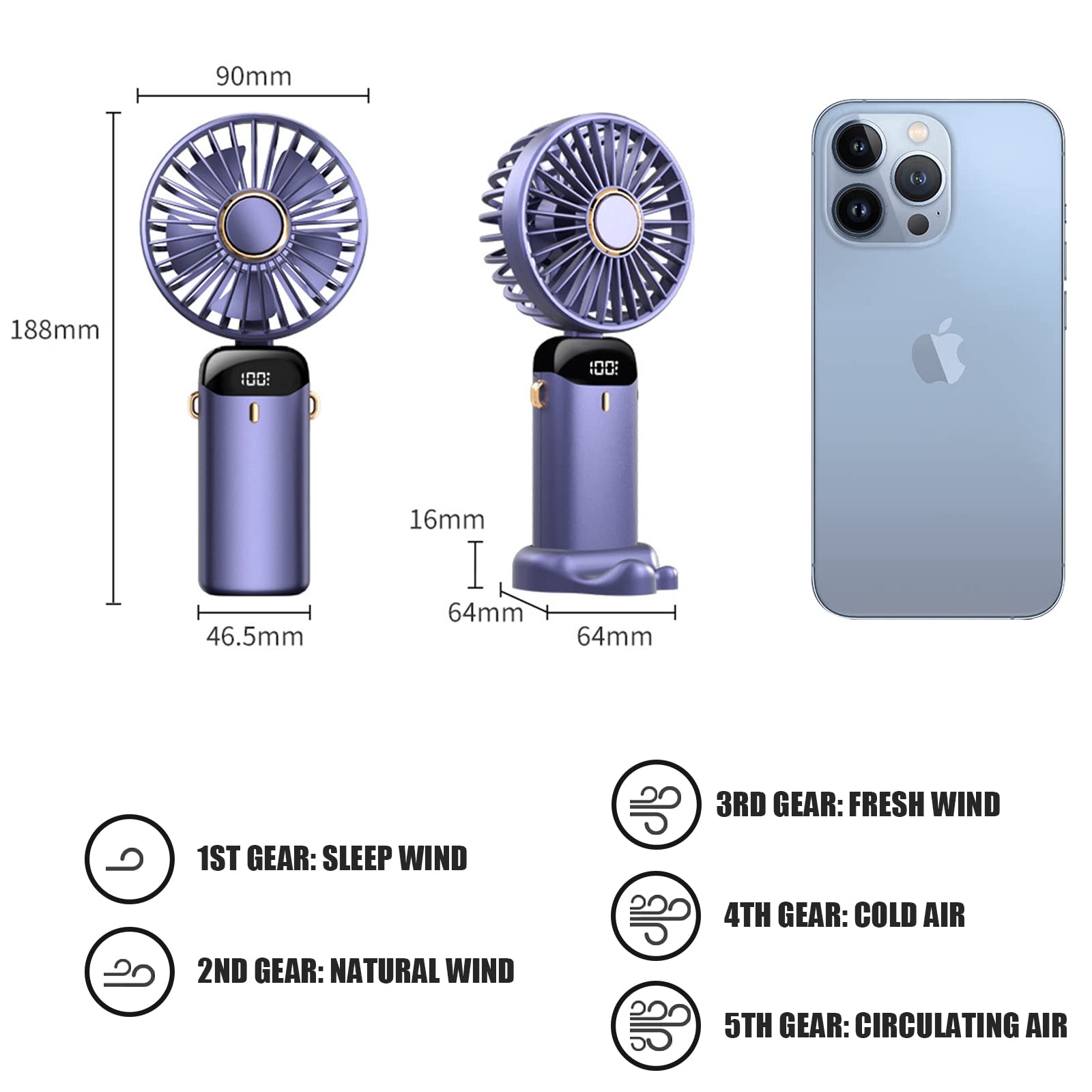 USB Rechargeable Fans Hand Held Fan,Portable Handheld Desktop Fans with LED Display for Home Office Bedroom Outdoor Travel