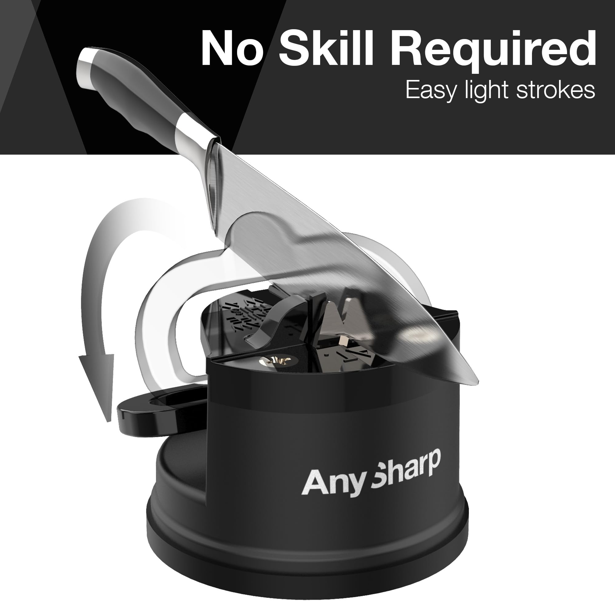 (Black) AnySharp Knife Sharpener, Hands-Free Safety, PowerGrip Suction, Safely Sharpens All Kitchen Knives, Ideal for Hardened Steel & Serrated, Worlds Best, Compact, One Size