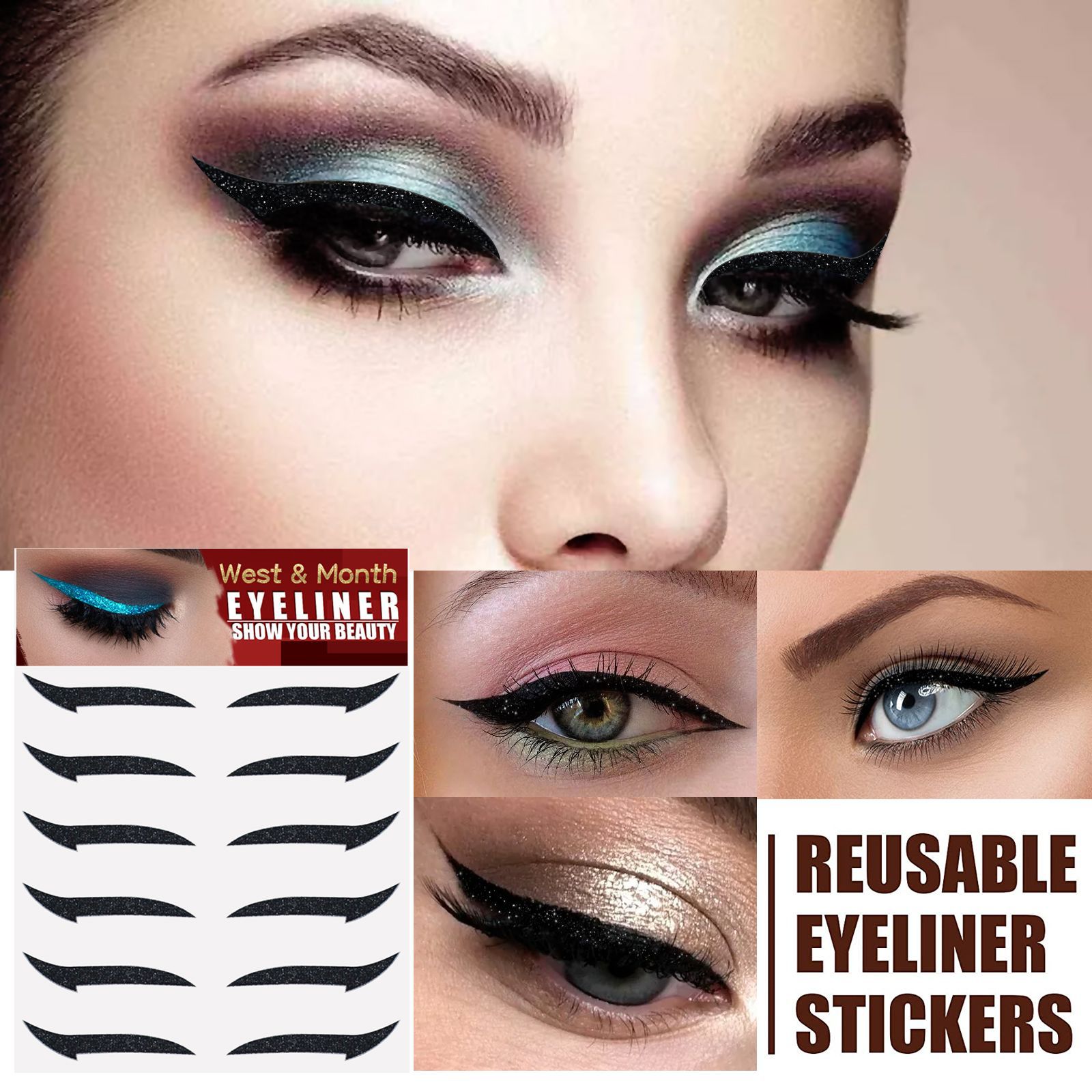 (Black A) Waterproof Double Eyelid Line Stickers Glitter Eyeliner Sticker Set Reusable Eye Makeup Fake Self Adhesive Sticker Beauty Accessories Eye Cosmetics 6 pairs