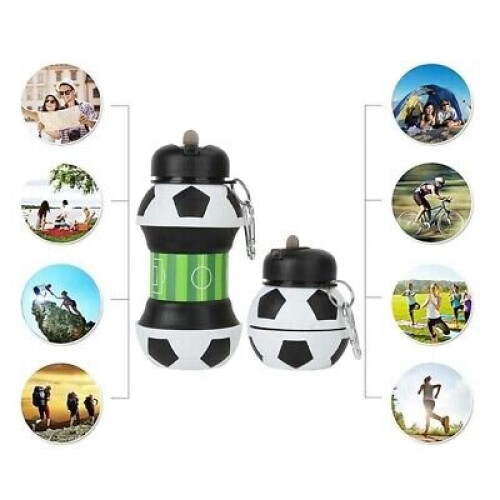 Football Water Bottle - 550ml Collapsible Water Container for Kids - Silicone Reusable Water Bottles for Boys and Girls - Leakproof BPA-Free