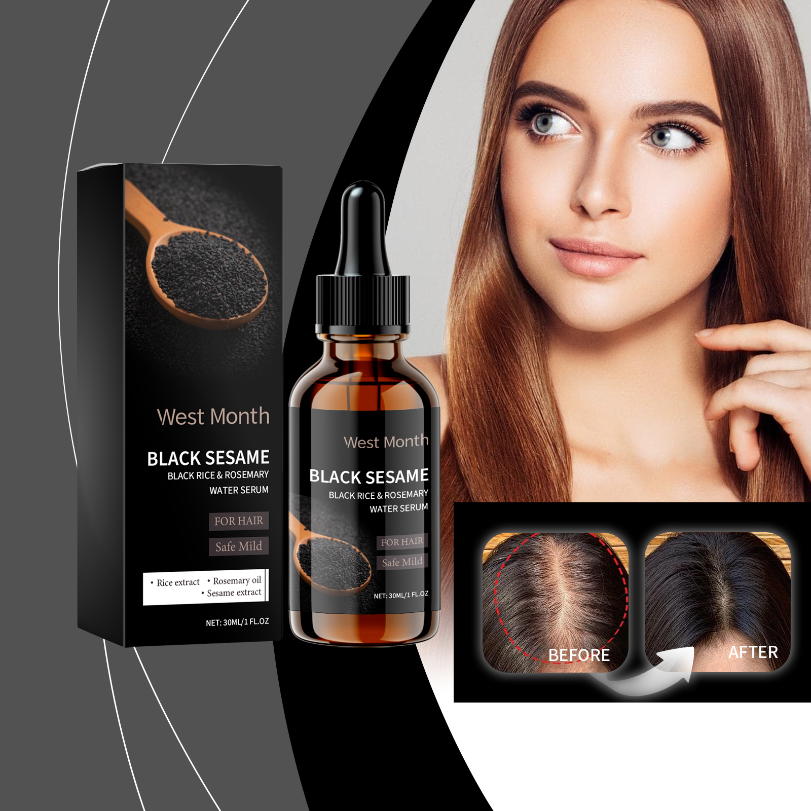 Black Sesame Hair Strengthening Oil Improve Damaged Split Ends Dry Frizz Repairing Nourishing Shiny Dense Hair Growth Care Serum ﻿