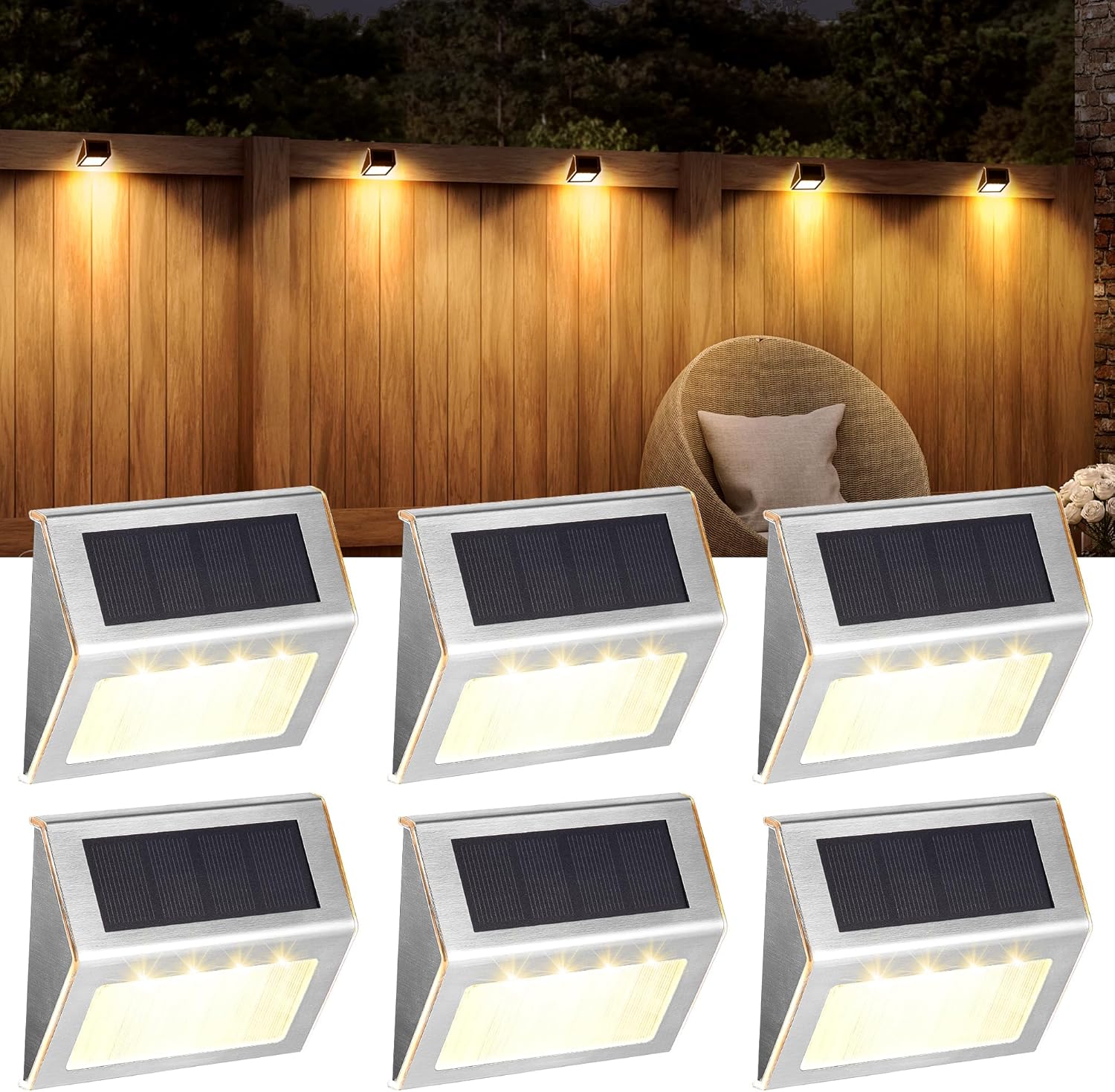 (Cool White) Solar Fence Lights Outdor Garden Waterproof Solar Step Lights Stainless Steel Led Lighting Decoration for Stair Deck Wall Patio Porch Yard Pathway Walkway 6 Pcs