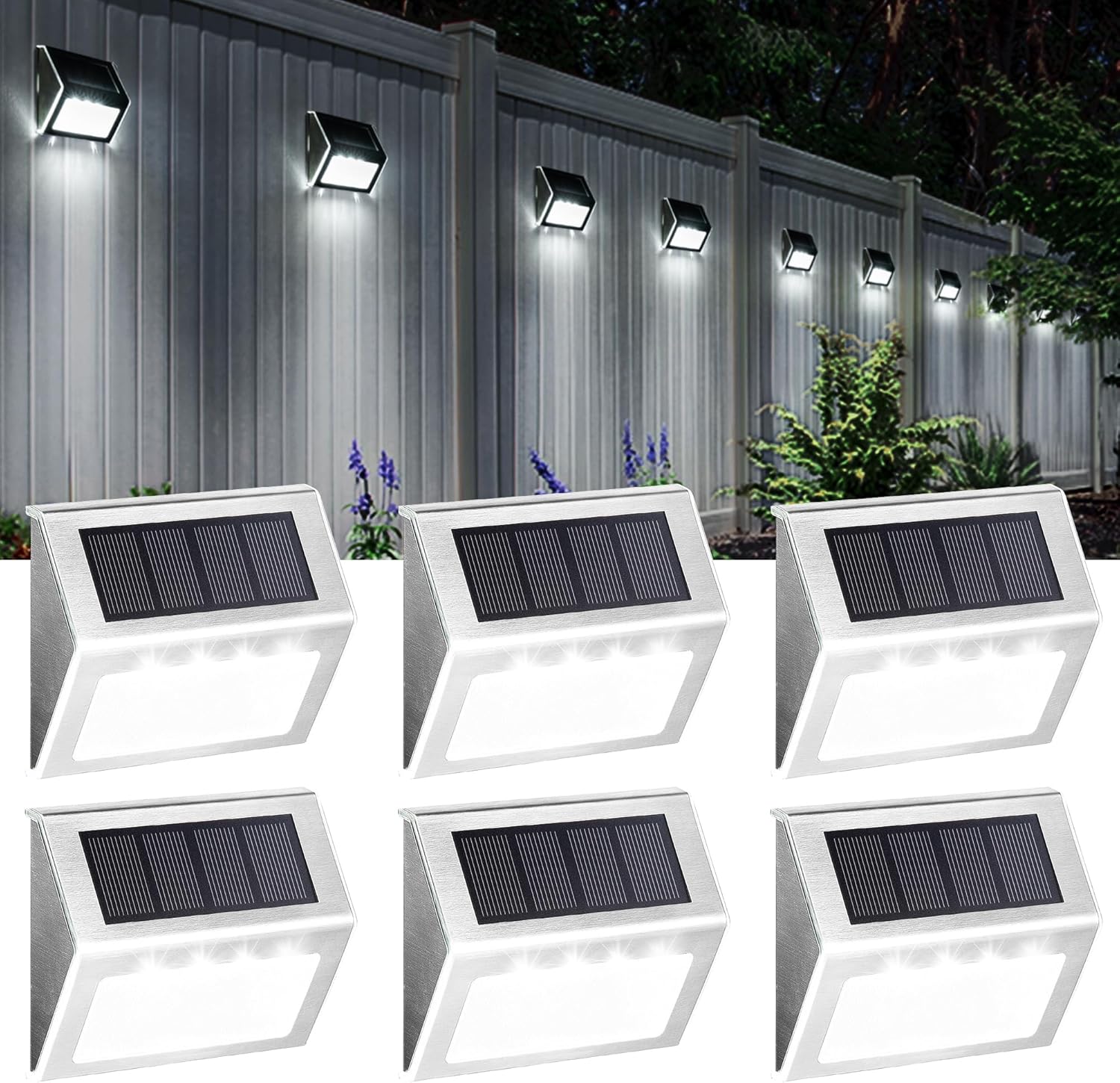 (Cool White) Solar Fence Lights Outdor Garden Waterproof Solar Step Lights Stainless Steel Led Lighting Decoration for Stair Deck Wall Patio Porch Yard Pathway Walkway 6 Pcs