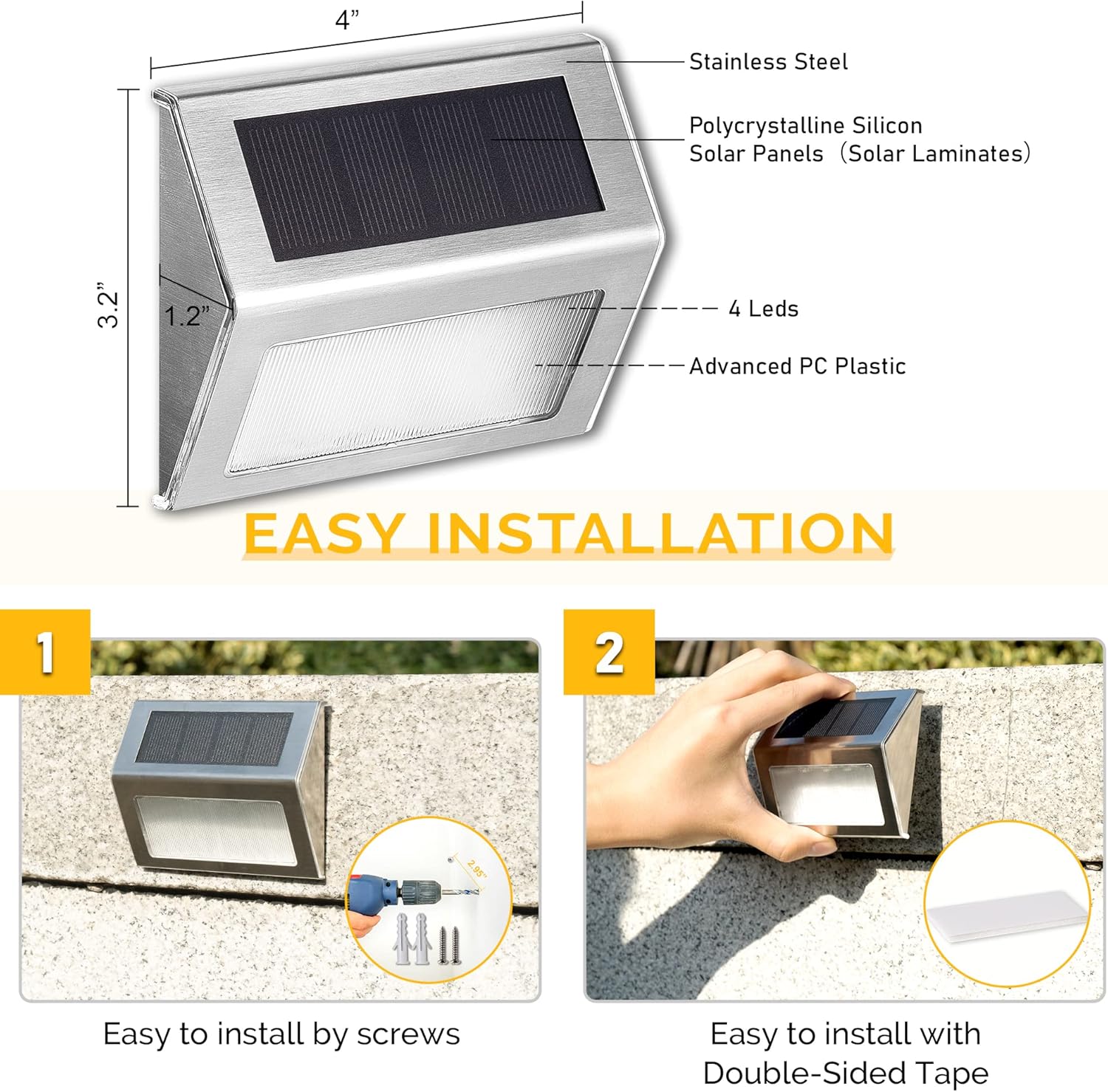 (Cool White) Solar Fence Lights Outdor Garden Waterproof Solar Step Lights Stainless Steel Led Lighting Decoration for Stair Deck Wall Patio Porch Yard Pathway Walkway 6 Pcs