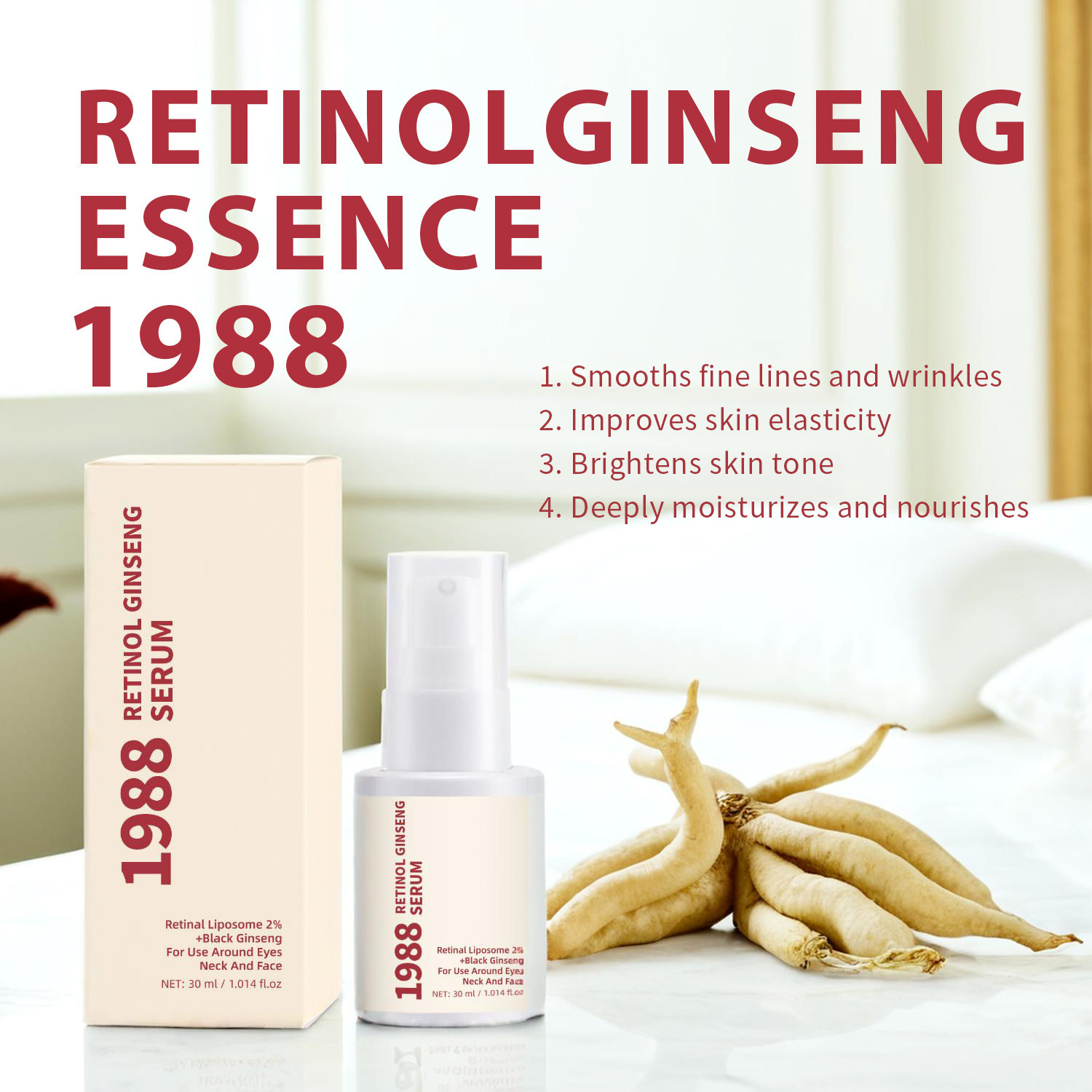 Retinol Ginseng Revitalizing Serum Anti Aging Wrinkle Smoothing Brightening Daily Face Care Treatment 30ml