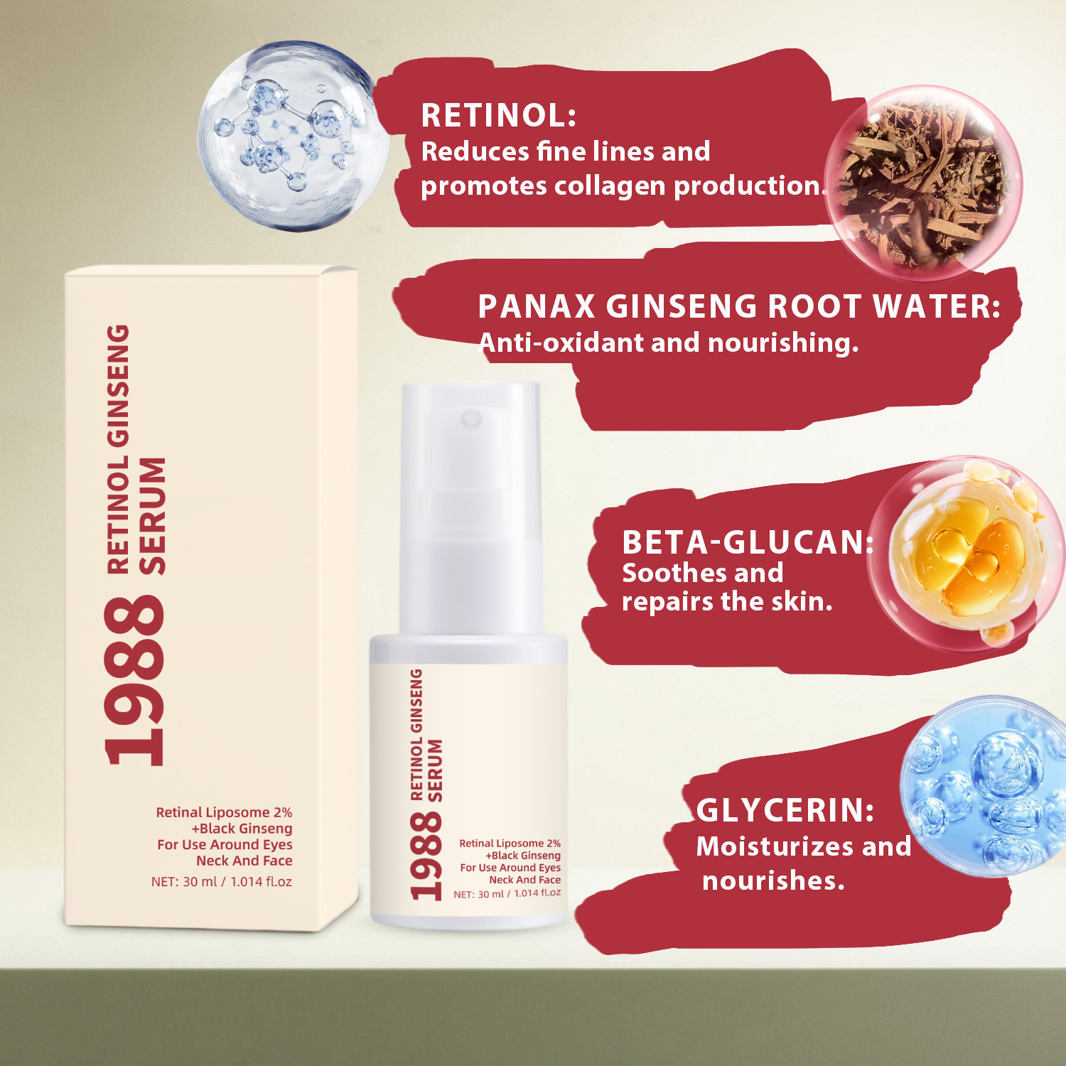 Retinol Ginseng Revitalizing Serum Anti Aging Wrinkle Smoothing Brightening Daily Face Care Treatment 30ml