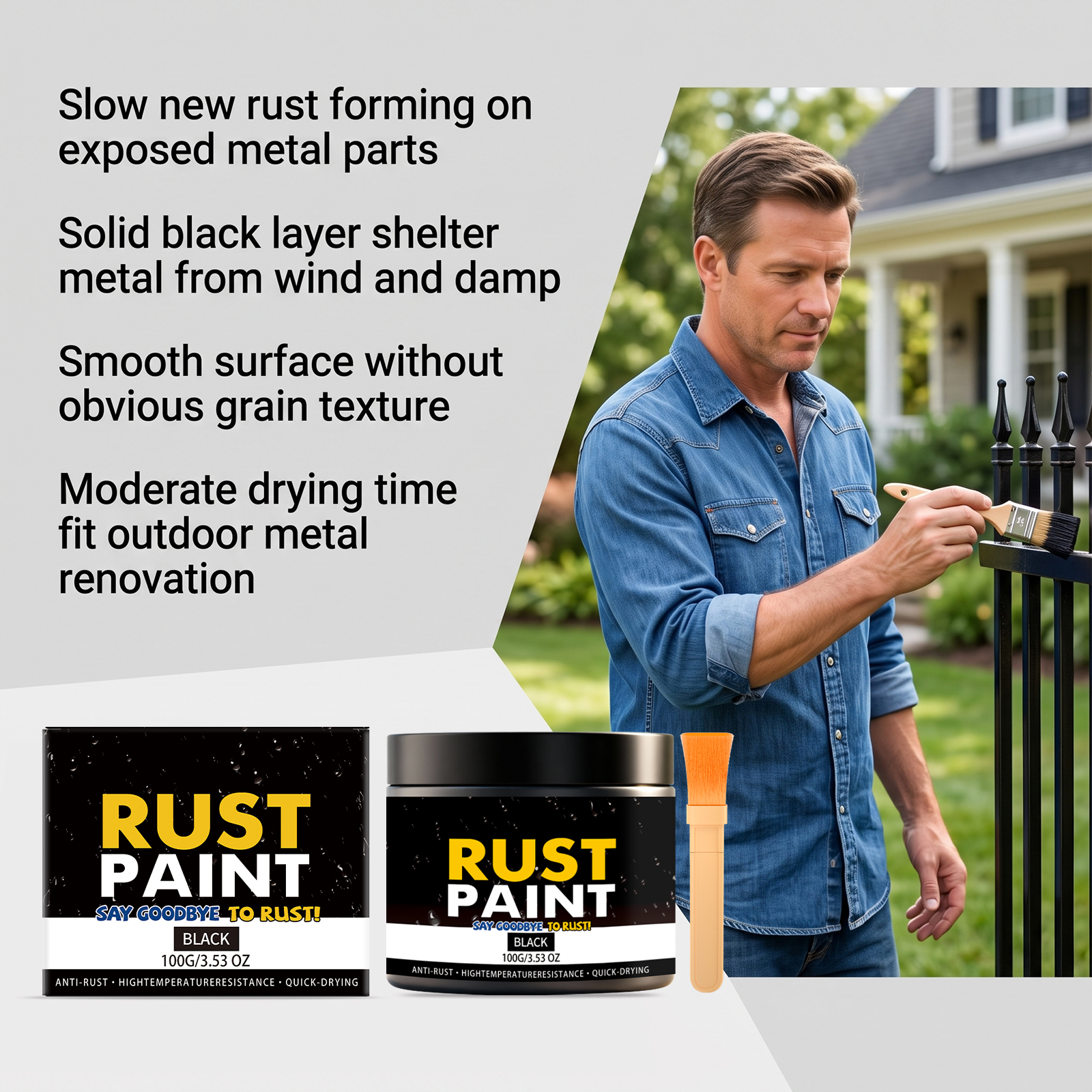 Black Rust Remover Paint Solid Black Coverage Weather Resistant Stable Dual Technique Slow New Rust Multi Metal Outdoor Applicable