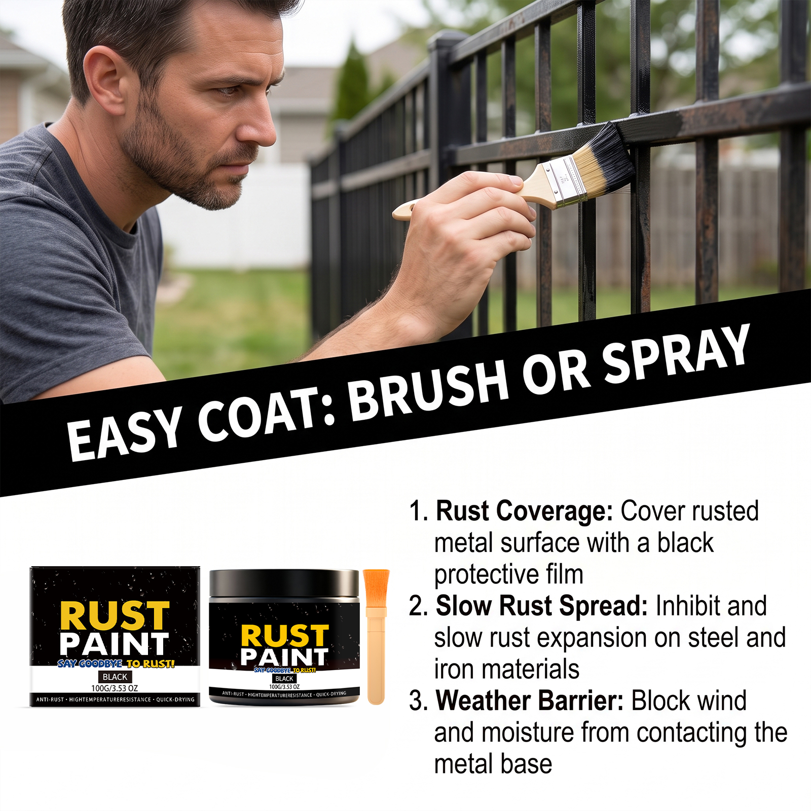 Black Rust Remover Paint Solid Black Coverage Weather Resistant Stable Dual Technique Slow New Rust Multi Metal Outdoor Applicable