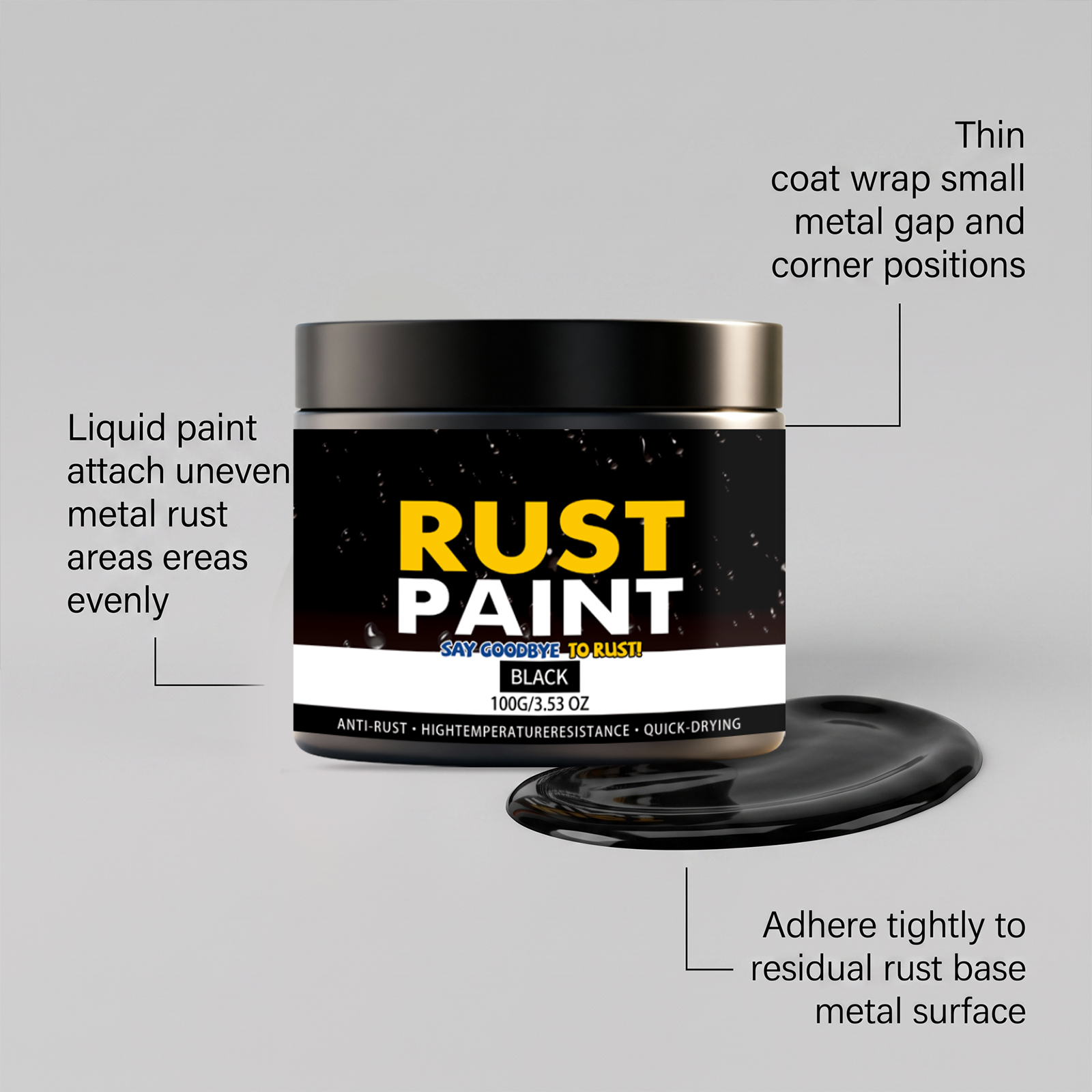 Black Rust Remover Paint Solid Black Coverage Weather Resistant Stable Dual Technique Slow New Rust Multi Metal Outdoor Applicable