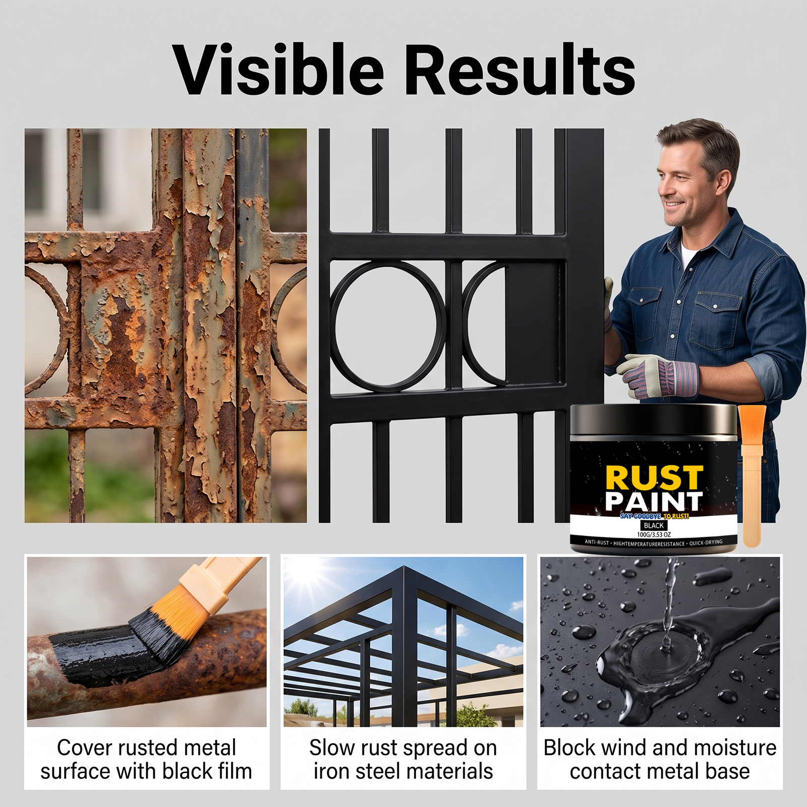 Black Rust Remover Paint Solid Black Coverage Weather Resistant Stable Dual Technique Slow New Rust Multi Metal Outdoor Applicable